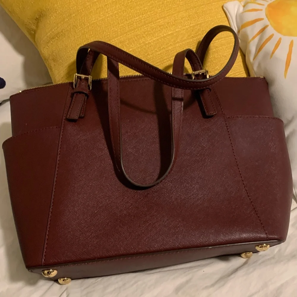 Michael Kors Burgundy Saffiano Leather Tote with Gold Hardware